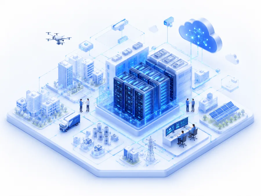 Illustration of a data center and city infrastructure